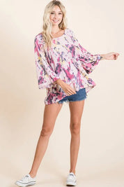 BIBI Tie Dye Print Terry A Line Top with Bell Sleeves on Simply Obsessed
