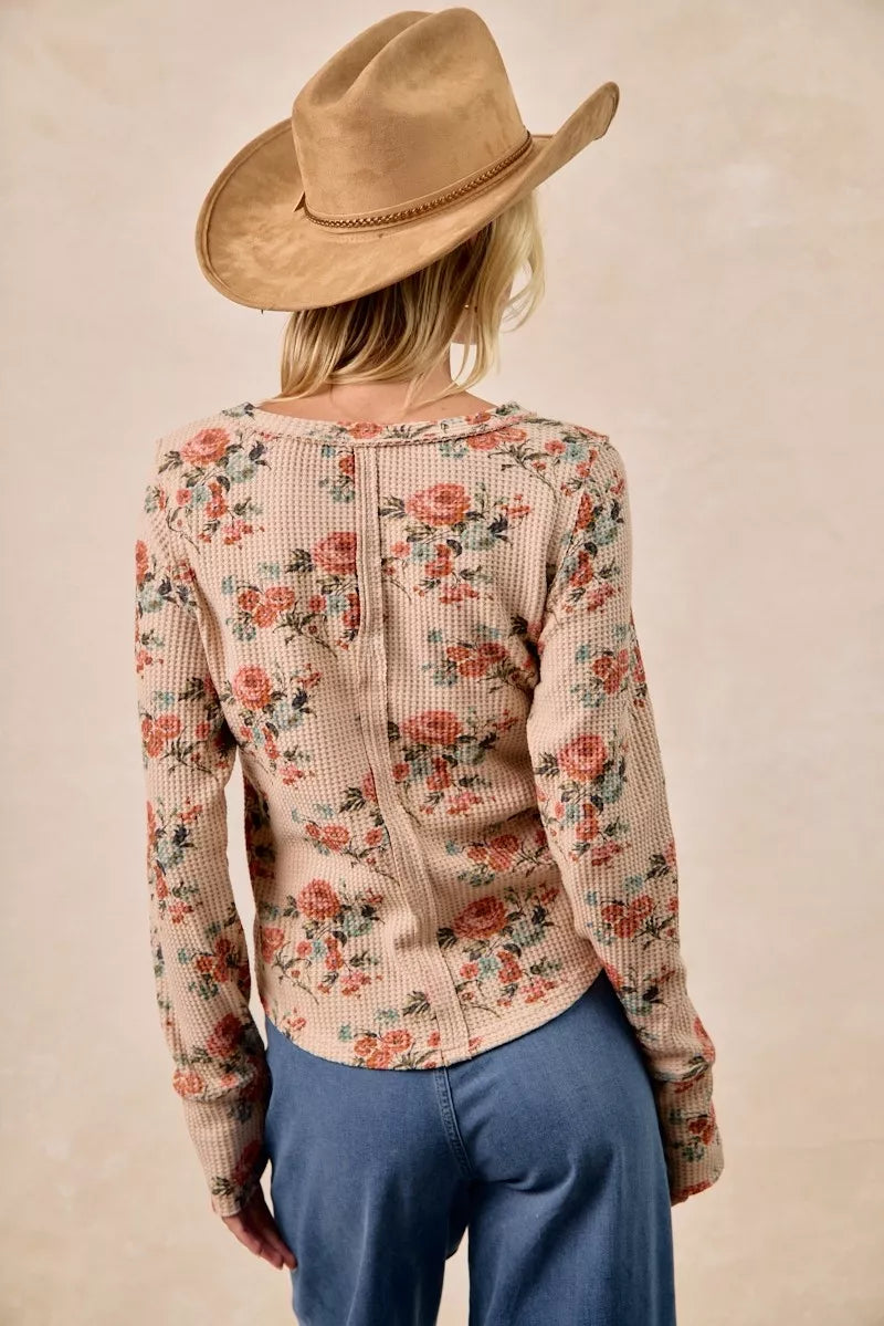 BIBI Floral Print Washed Waffle Thermal Top with Thumb on Simply Obsessed