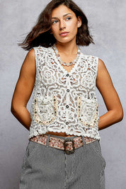 POL Button Down Cropped Crochet Vest with Scalloped Edge on Simply Obsessed