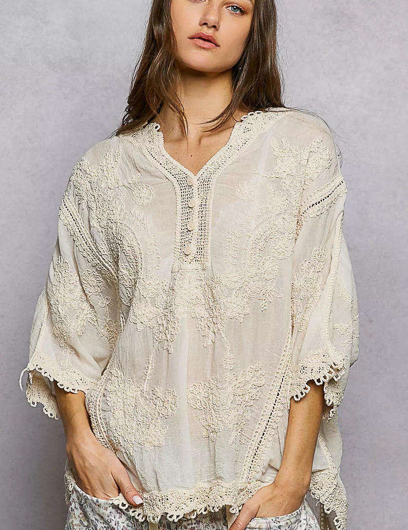 POL Floral Embroidered Top with Trim Edge on Simply Obsessed