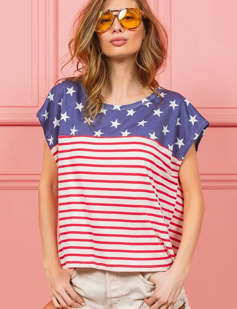 BIBI Star Rpinted with Stripe Combo Top on Simply Obsessed