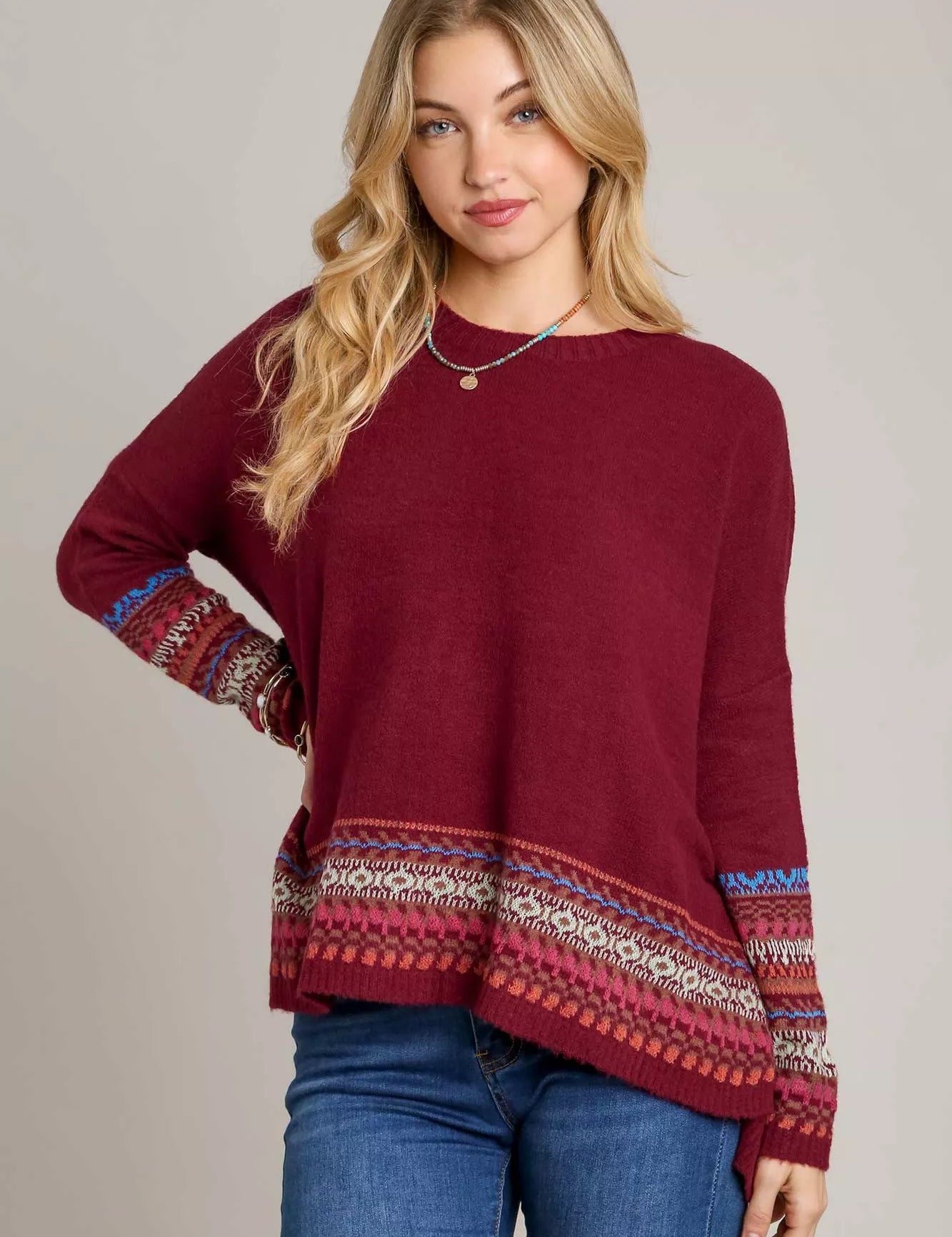 UMGEE Long Sleeve Round Neck Knit Top with Side Slits and Stitch Detail on Simply Obsessed