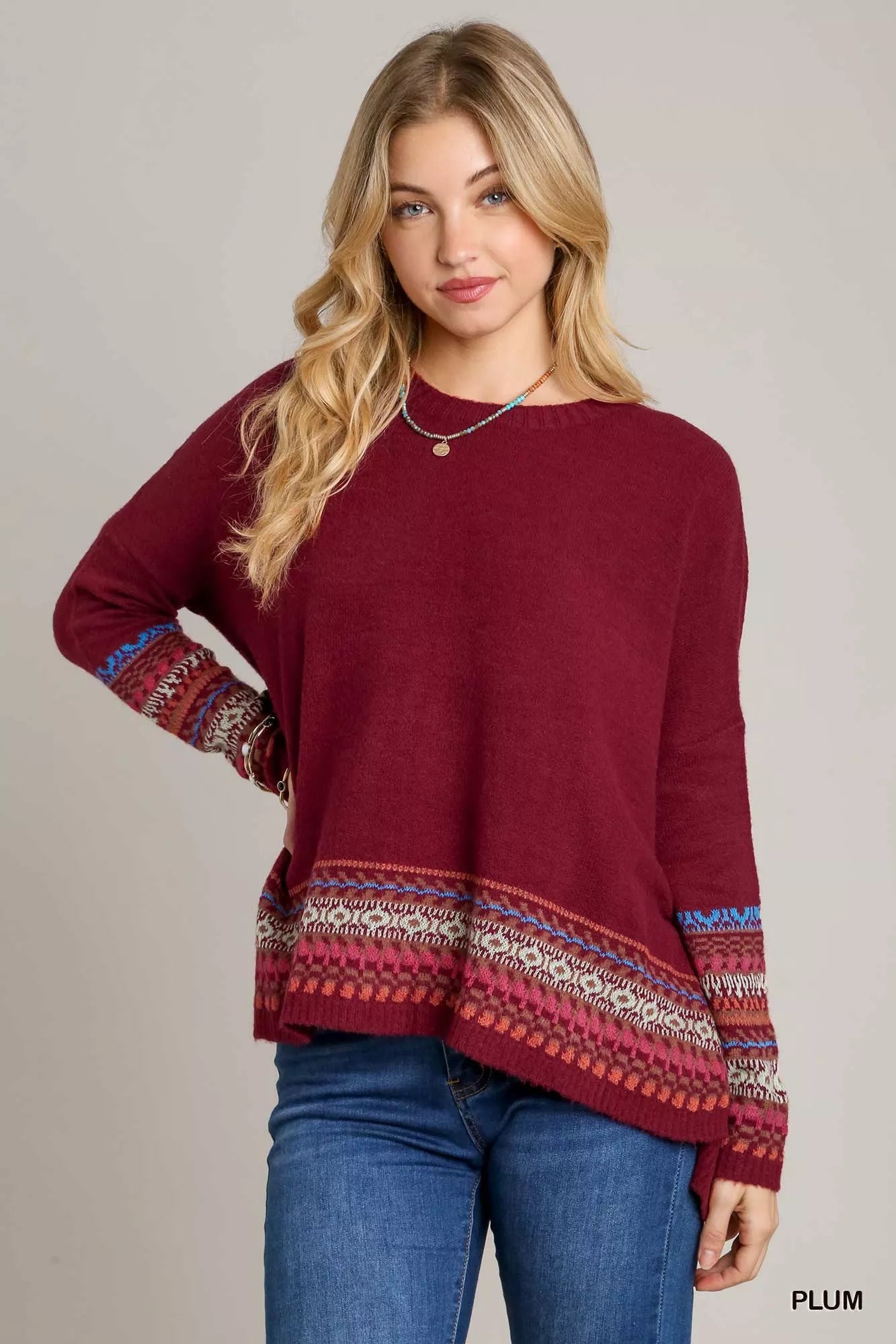 UMGEE Long Sleeve Round Neck Knit Top with Side Slits and Stitch Detail on Simply Obsessed