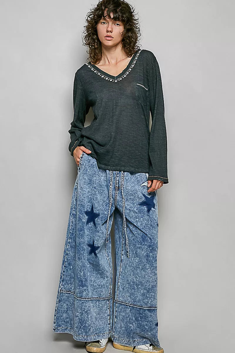 POL Contrast Stitch V-Neck Lightweight Knit Long Sleeve Top on Simply Obsessed