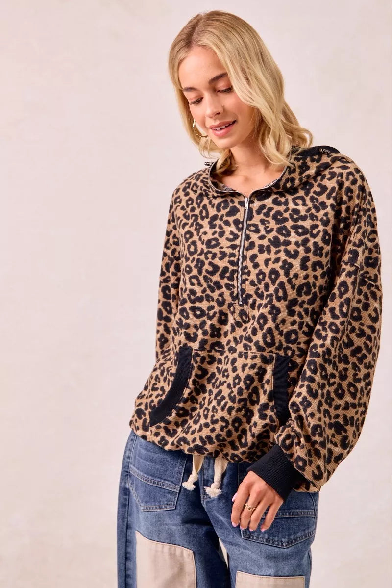 BiBi Leopard Print Waffle Half Zip Up Hoodie W Pocket on Simply Obsessed