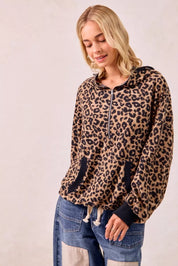 BiBi Leopard Print Waffle Half Zip Up Hoodie W Pocket on Simply Obsessed