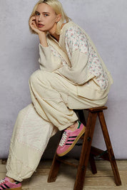 POL Mix Thermal Floral Pattern Quilted Knit Cropped Top with Raw Edge Detail on Simply Obsessed