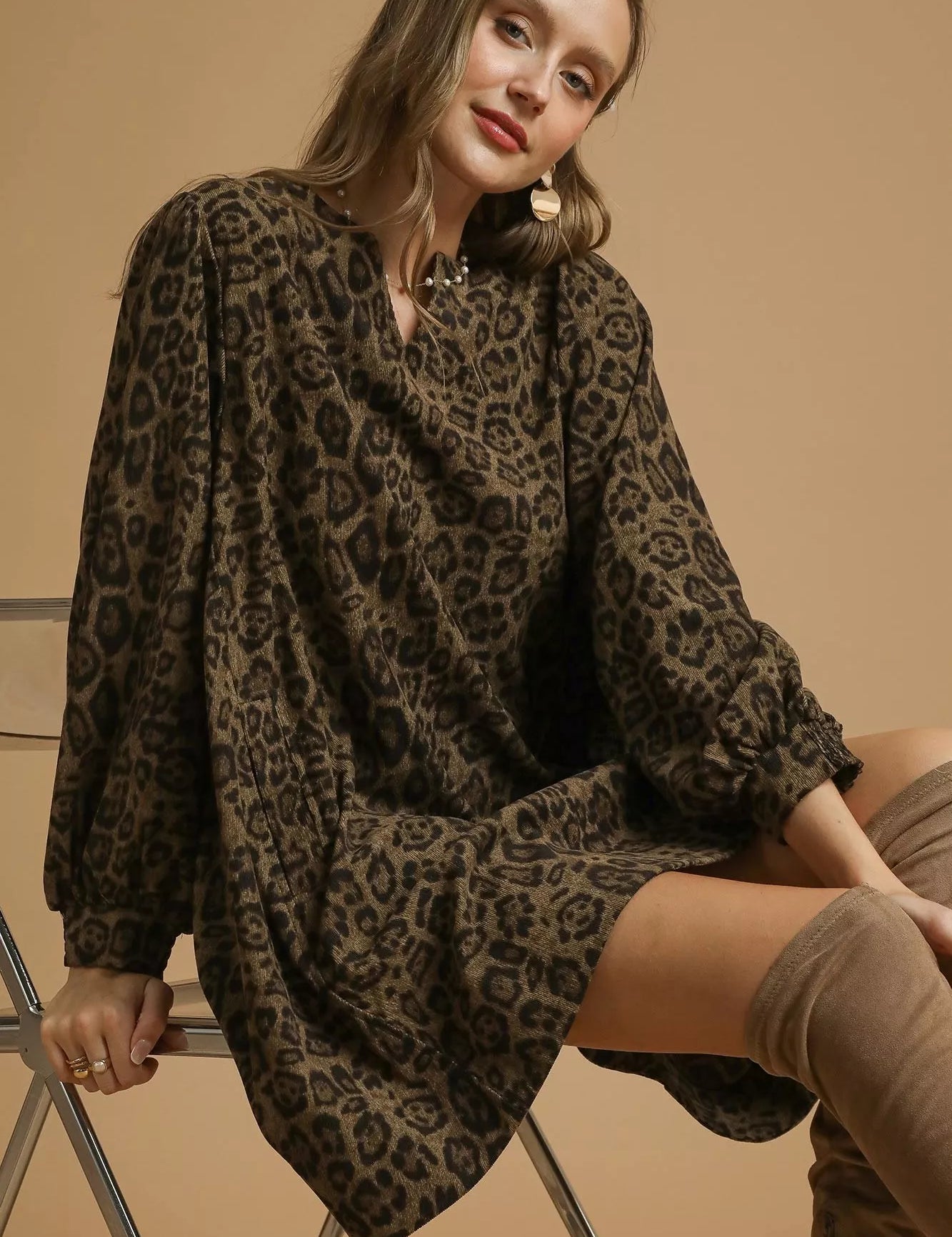 Umgee Leopard Print Long Sleeve Swing Dress on Simply Obsessed
