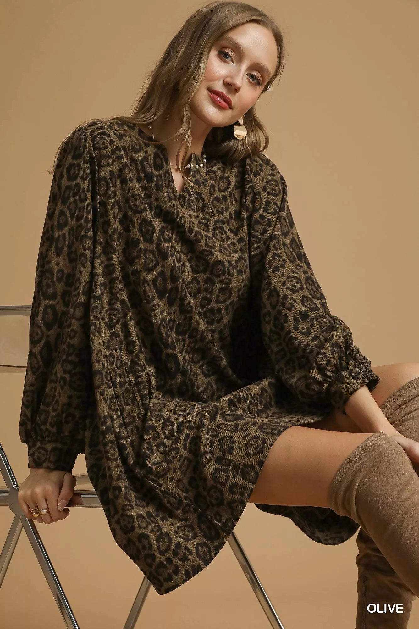 Umgee Leopard Print Long Sleeve Swing Dress on Simply Obsessed