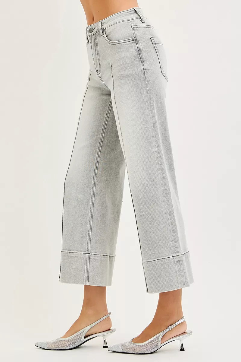 RISEN Tummy Control Mid Rise Crop Wide Pintuck Front Jeans on Simply Obsessed