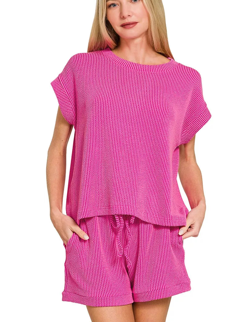 Zenana Raised Rib Cap Sleeve Top & Shorts Set on Simply Obsessed