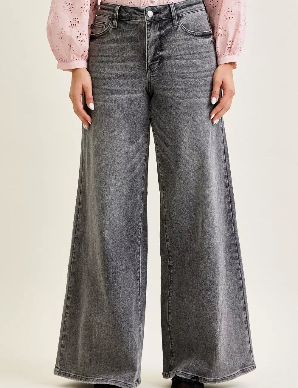 JUDY BLUE Mid Rise Palazzo Split Back Yoke on Simply Obsessed