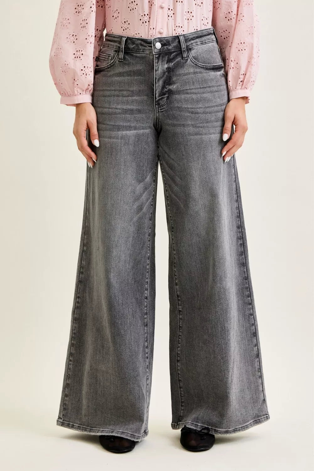 JUDY BLUE Mid Rise Palazzo Split Back Yoke on Simply Obsessed