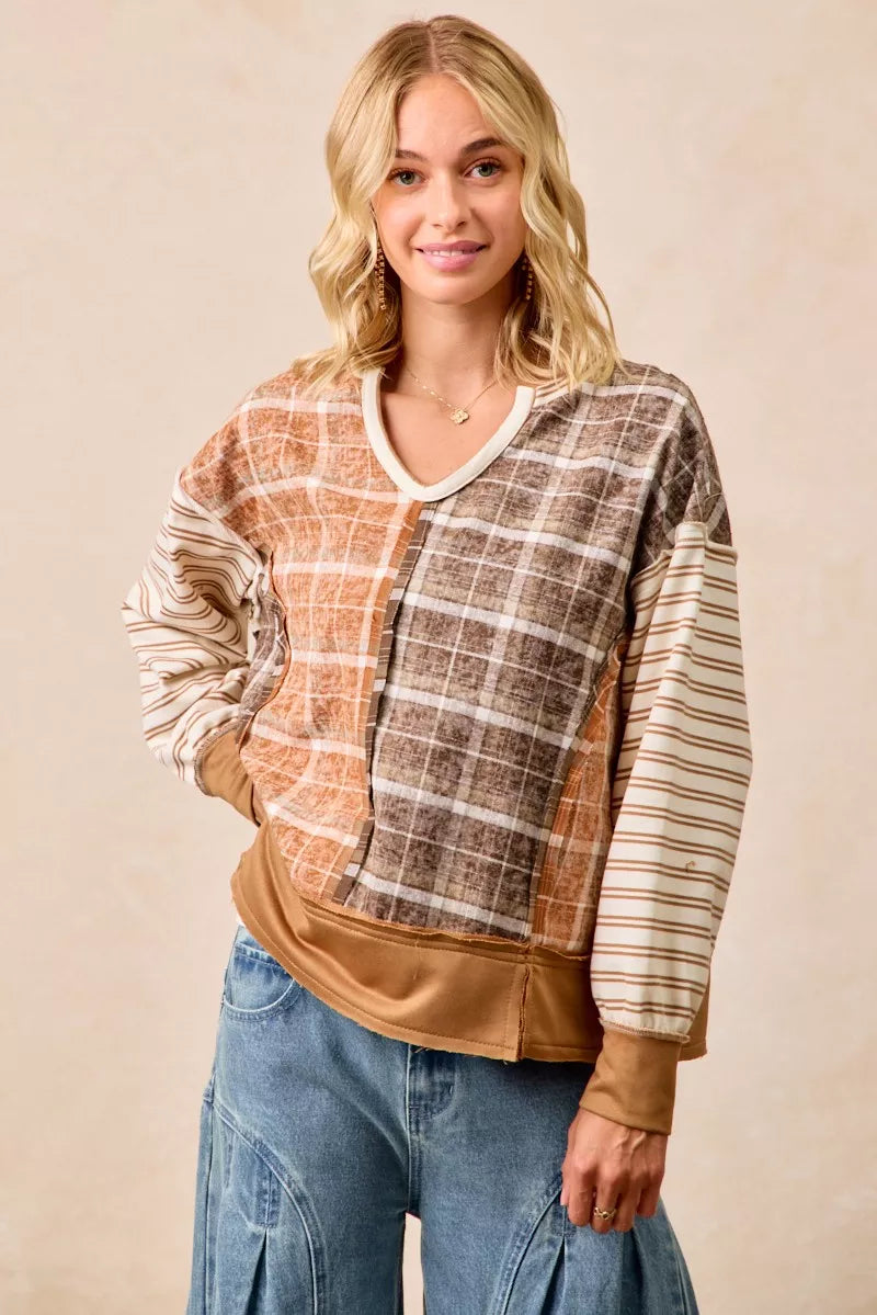 BiBi Plaid And Stripe Mix And Match Top With Open Seam on Simply Obsessed