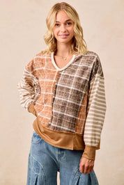 BiBi Plaid And Stripe Mix And Match Top With Open Seam on Simply Obsessed