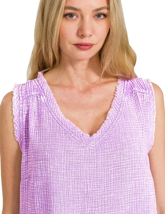 ZENANA Double Gauze Raw Edge Acid Washed Tank on Simply Obsessed