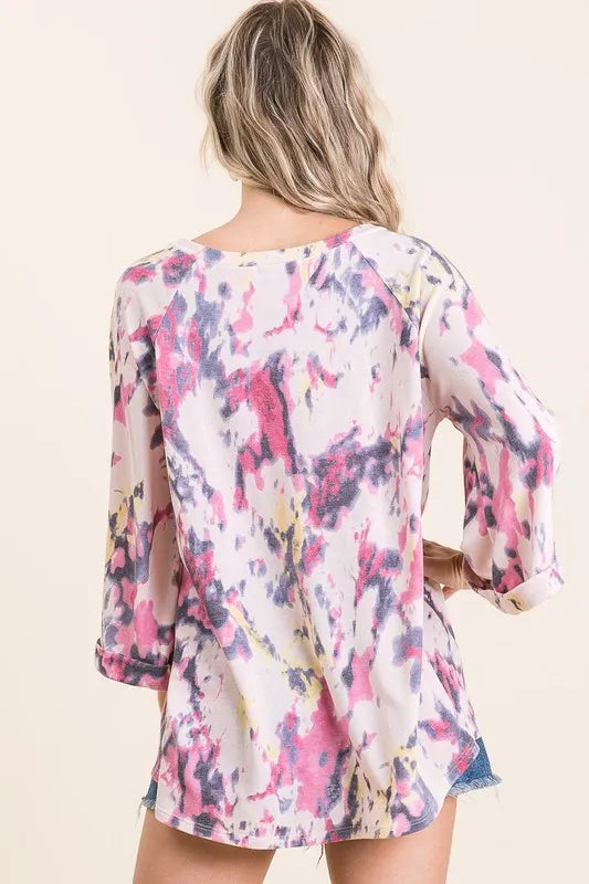 BIBI Tie Dye Print Terry A Line Top with Bell Sleeves on Simply Obsessed