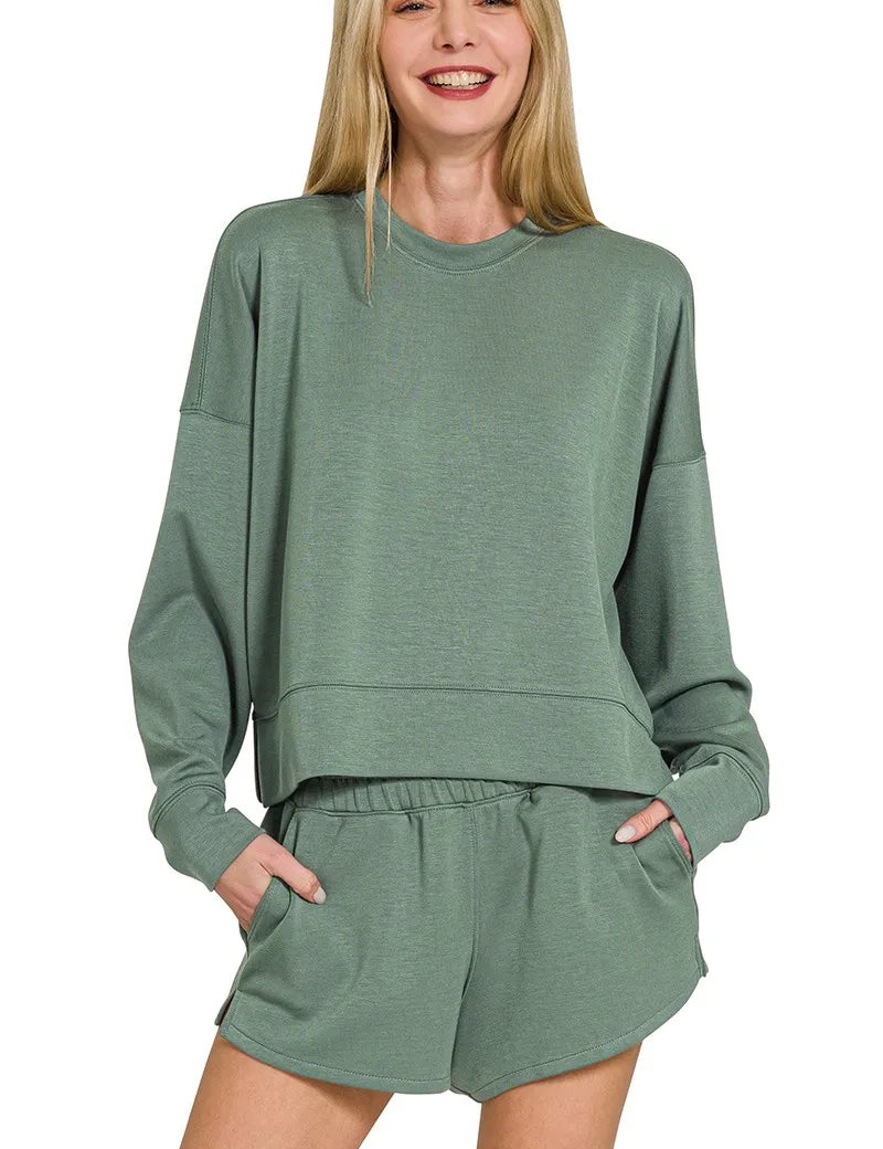 ZENANA Scuba Long Sleeve Sweatshirts & Shorts Set on Simply Obsessed