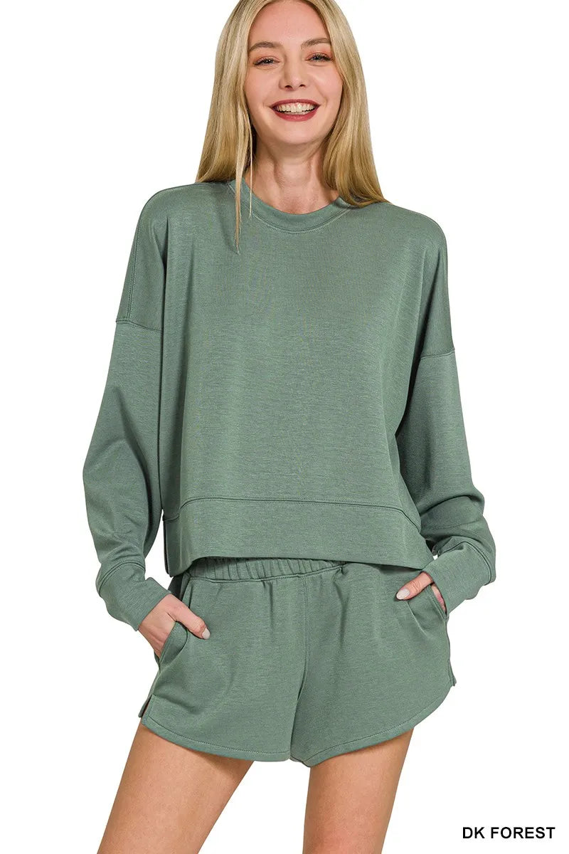 ZENANA Scuba Long Sleeve Sweatshirts & Shorts Set on Simply Obsessed