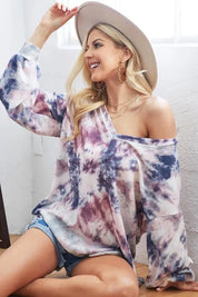 BIBI Tie-Dye V-Neck Long Sleeve Waffle Top on Simply Obsessed