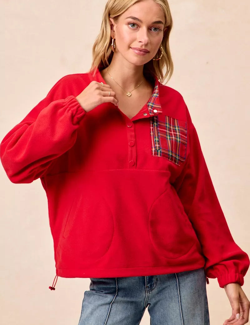 BIBI Christmas Theme Fleece Buttoned Top with Pockets on Simply Obsessed