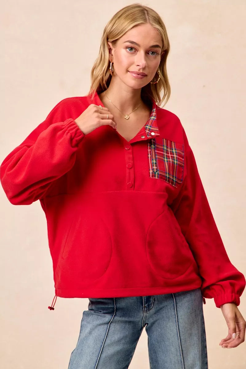 BIBI Christmas Theme Fleece Buttoned Top with Pockets on Simply Obsessed