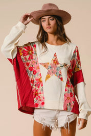 BIBI Floral Print Mixed Star Patch Round Neck Sweatshirt on Simply Obsessed