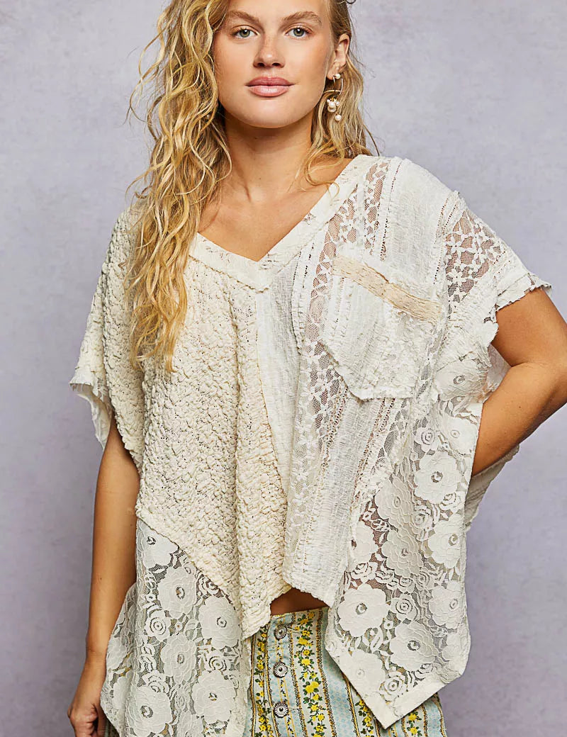 POL Asymmetrical V-Neck Short Sleeve Lace Top on Simply Obsessed