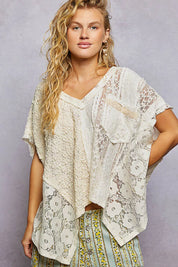 POL Asymmetrical V-Neck Short Sleeve Lace Top on Simply Obsessed