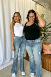 JUDY BLUE Full Size Medium Rise Tummy Control Destroy Flare on Simply Obsessed