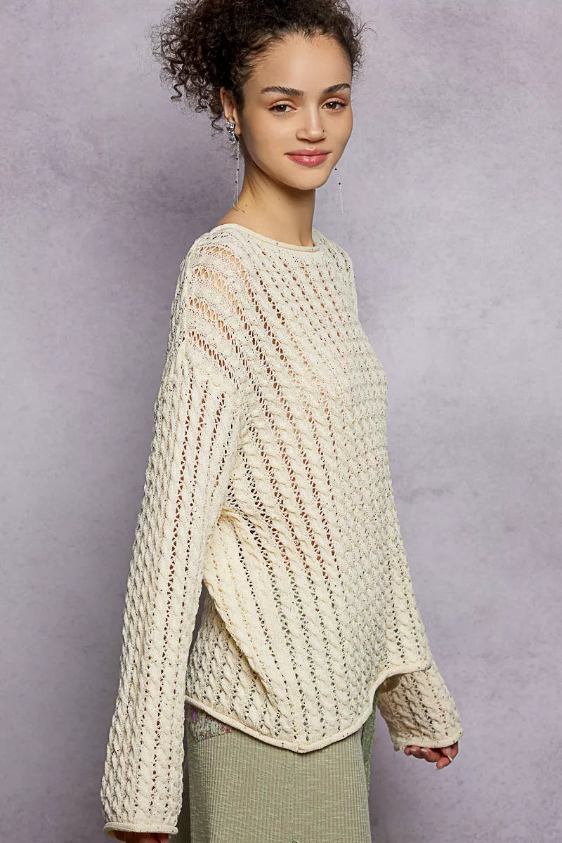 POL Openwork Round Neck Knit Top with Shiny Detail on Simply Obsessed