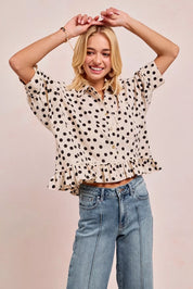 BIBI Polka Dot Printed Peplum Top with Front Button on Simply Obsessed