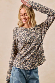 BIBI Leopard Print Washed Waffle Thermal Top with Thumb on Simply Obsessed