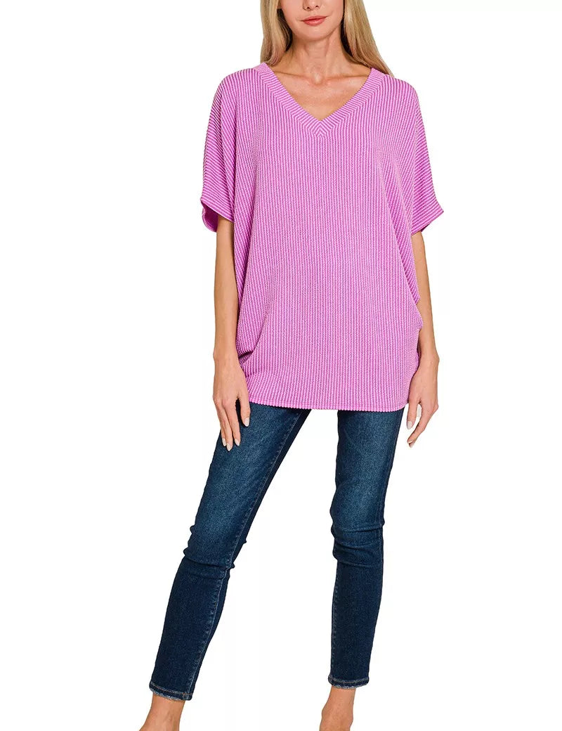 Zenana Raised Rib V-Neck Batwing Top on Simply Obsessed