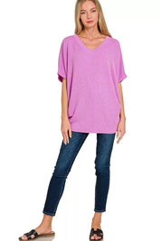 Zenana Raised Rib V-Neck Batwing Top on Simply Obsessed
