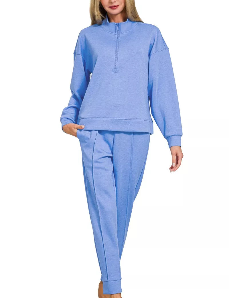Zenana Scuba Half Zip Pullover and Jogger Set on Simply Obsessed