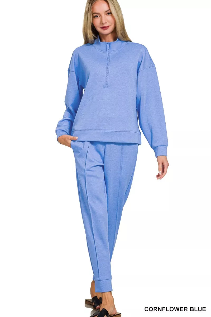 Zenana Scuba Half Zip Pullover and Jogger Set on Simply Obsessed