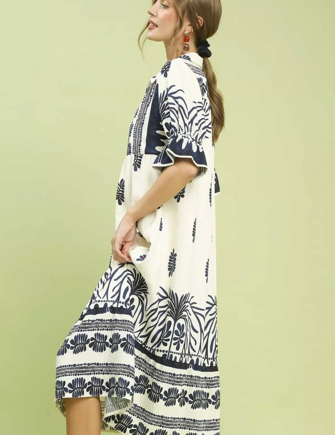 UMGEE Border Print Midi Dress with Puff Sleeves on Simply Obsessed