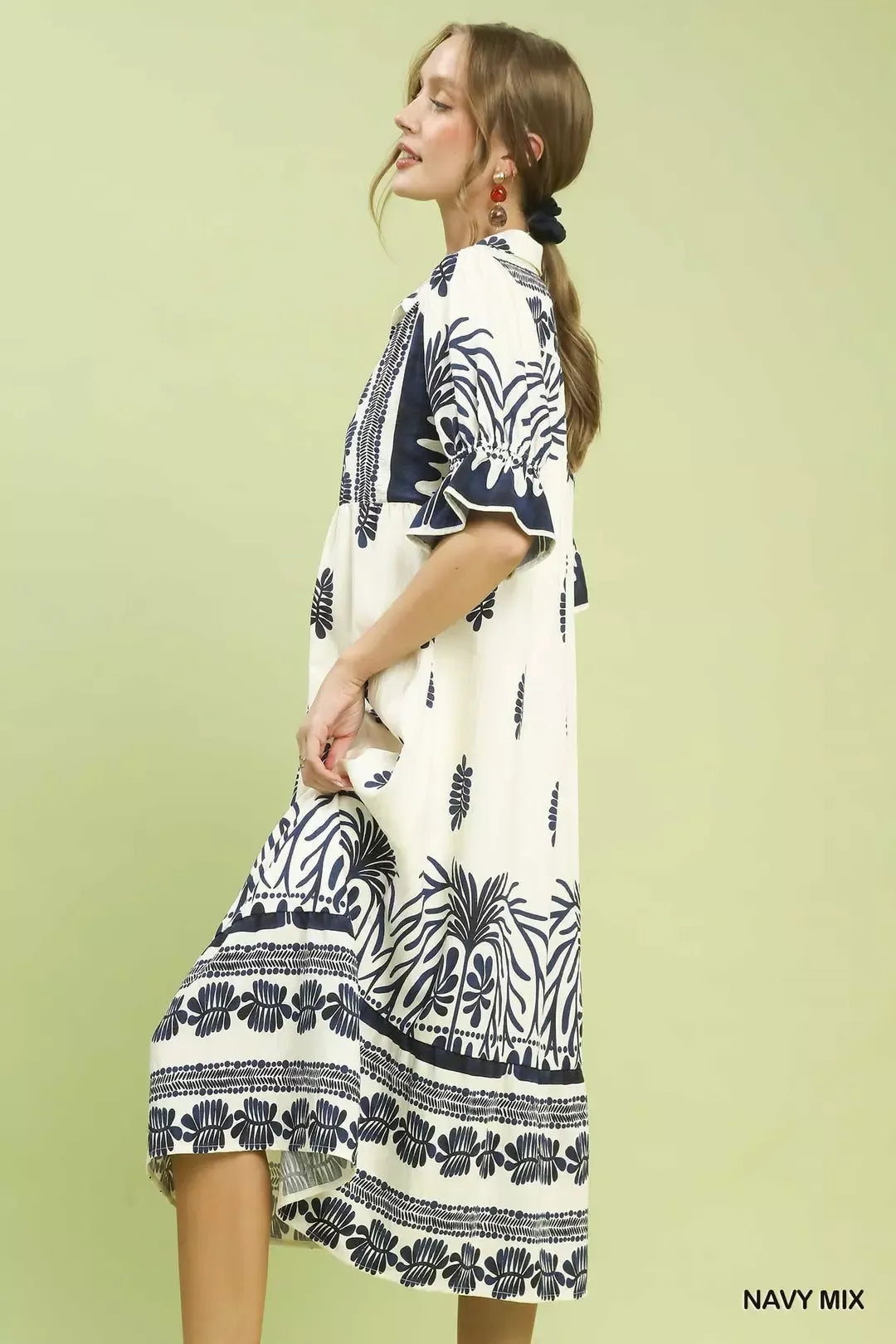 UMGEE Border Print Midi Dress with Puff Sleeves on Simply Obsessed