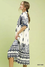UMGEE Border Print Midi Dress with Puff Sleeves on Simply Obsessed
