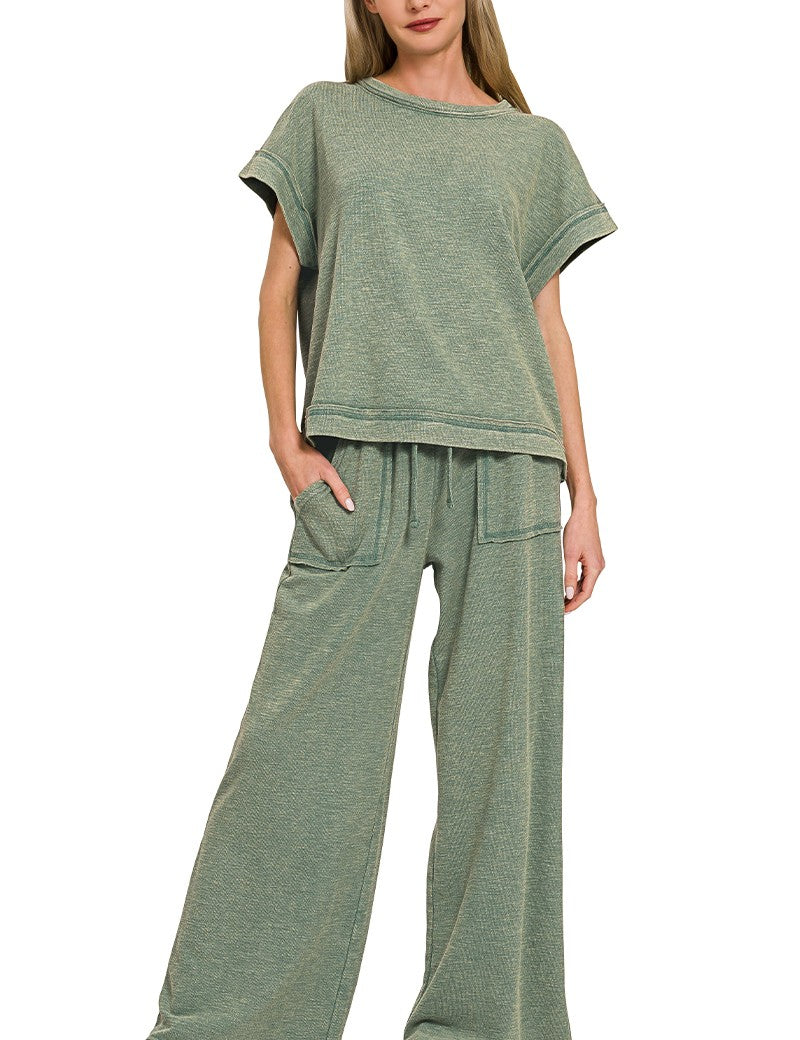 ZENANA Washed Slub Short Sleeve Tee & Long Pants Set on Simply Obsessed