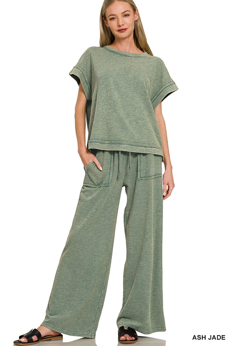 ZENANA Washed Slub Short Sleeve Tee & Long Pants Set on Simply Obsessed