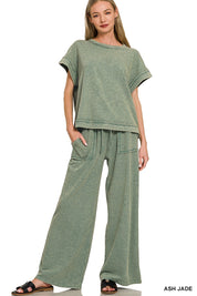 ZENANA Washed Slub Short Sleeve Tee & Long Pants Set on Simply Obsessed
