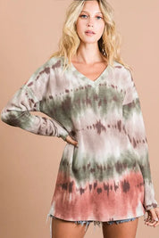 BIBI Brushed Tie Dye Looking Print V Neck Top on Simply Obsessed