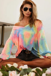 BiBi Tie Dye French Terry V Neck Top on Simply Obsessed