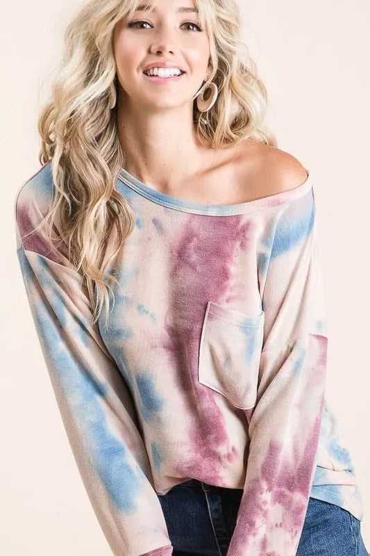 BiBi Tie Dye Print Terry Top With Front Patch Pocket on Simply Obsessed