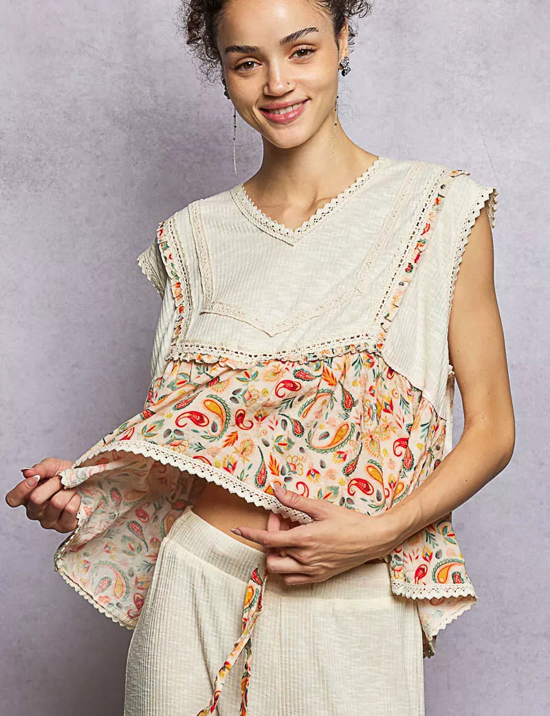 POL Lace Detail Floral Cropped Ruffled Top on Simply Obsessed