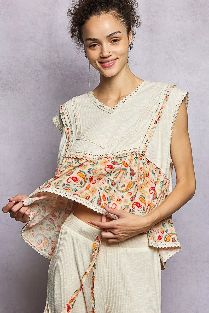 POL Lace Detail Floral Cropped Ruffled Top on Simply Obsessed