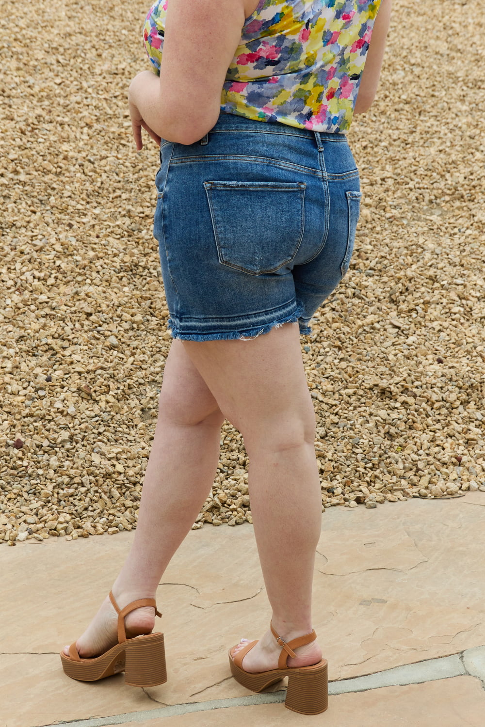 RISEN Maya Full Size Mid Rise Asymmetrical Shorts on Simply Obsessed