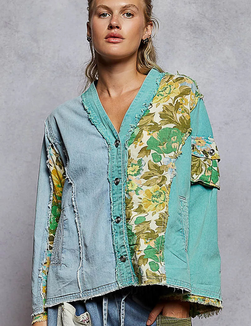 POL Button Down Floral V-Neck Long Sleeve Raw Hem Top on Simply Obsessed